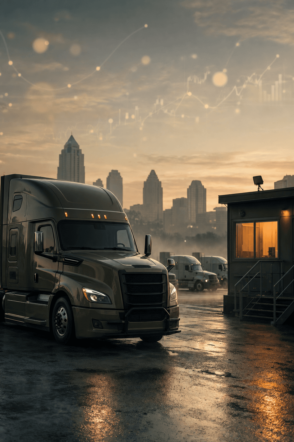 Early morning at an Atlanta trucking yard, a clean truck and a glowing office window in soft dawn light with warm orange accent tones.