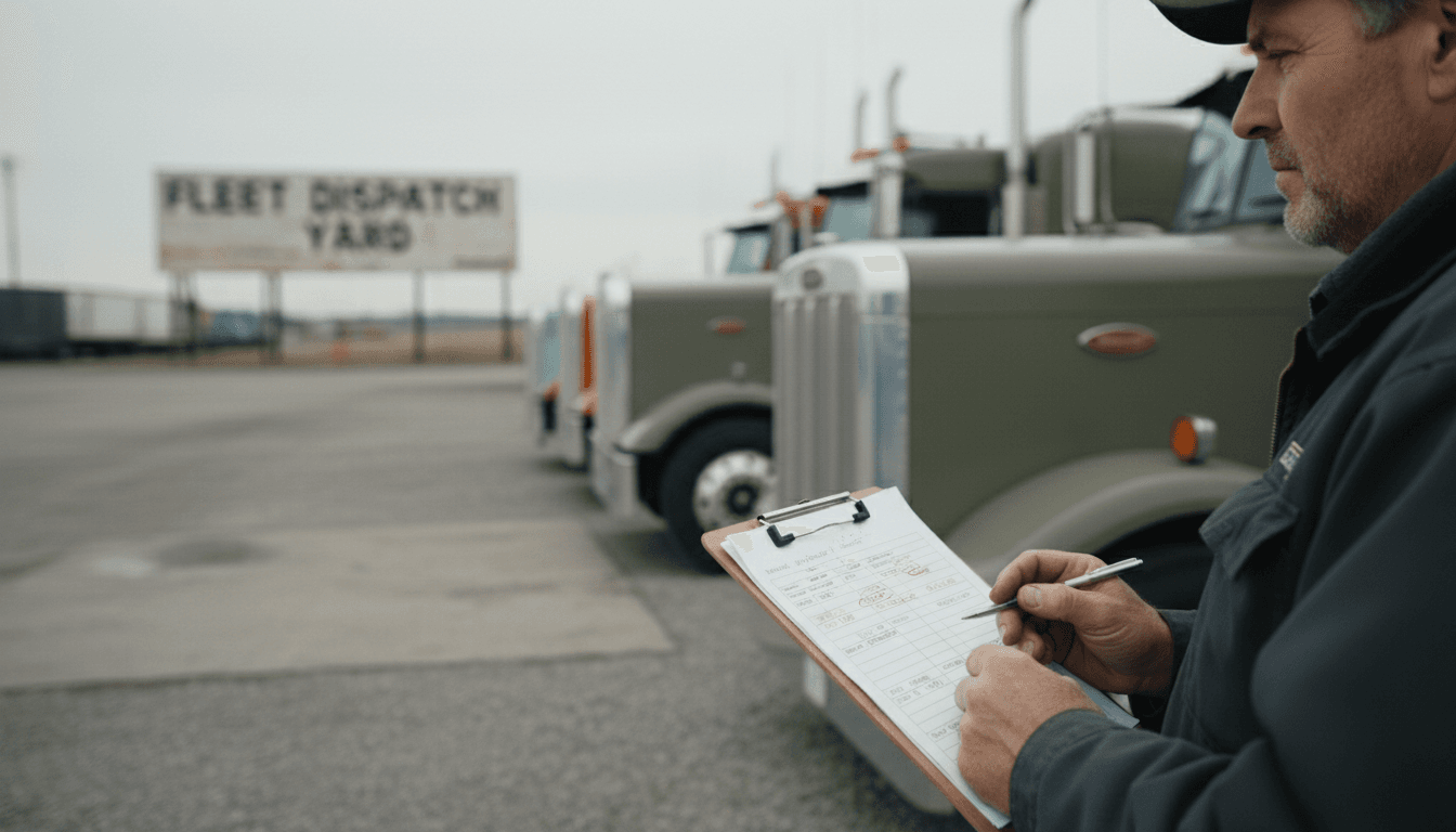 Fleet manager reviewing compliance paperwork beside parked semi trucks