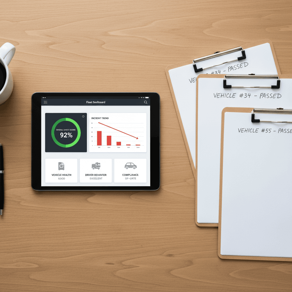Fleet safety dashboard on tablet with inspection reports