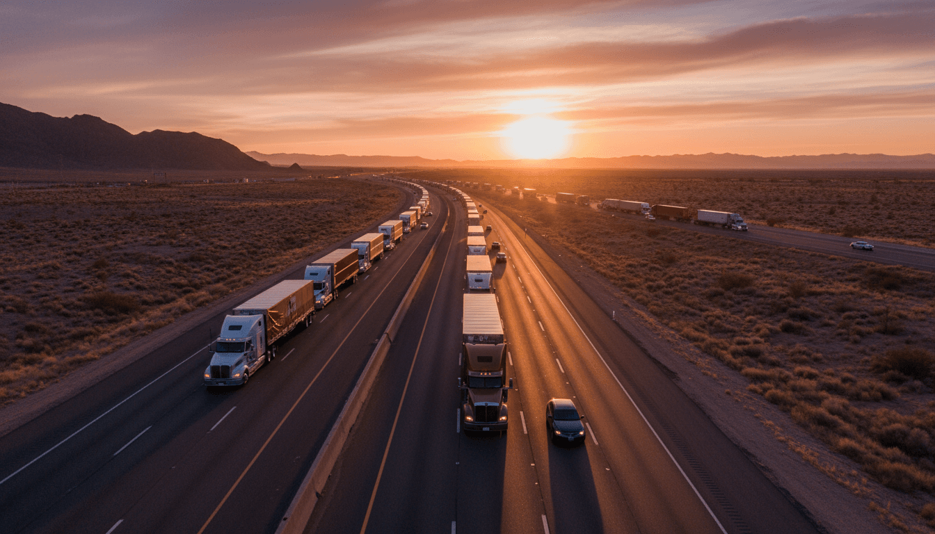Fleet of semi trucks on highway
