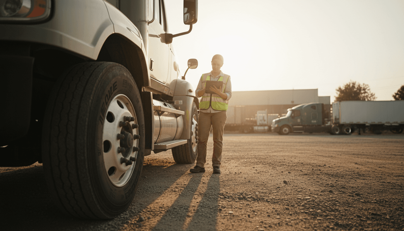 Compliance consultant assessing a commercial truck in an Atlanta truck yard