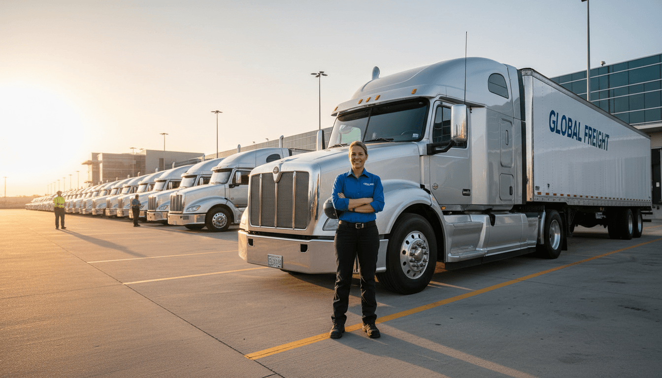 Professional truck driver standing beside semi truck in modern fleet yard