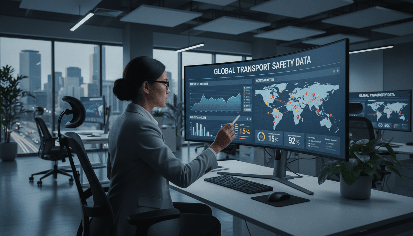 Consultant reviewing fleet safety data on a large monitor