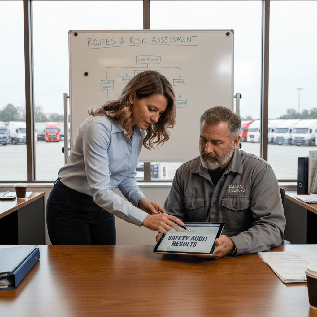 Safety consultant explaining report to trucking manager