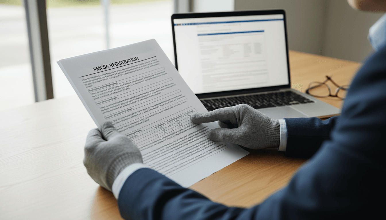 Hands reviewing FMCSA registration paperwork on a desk
