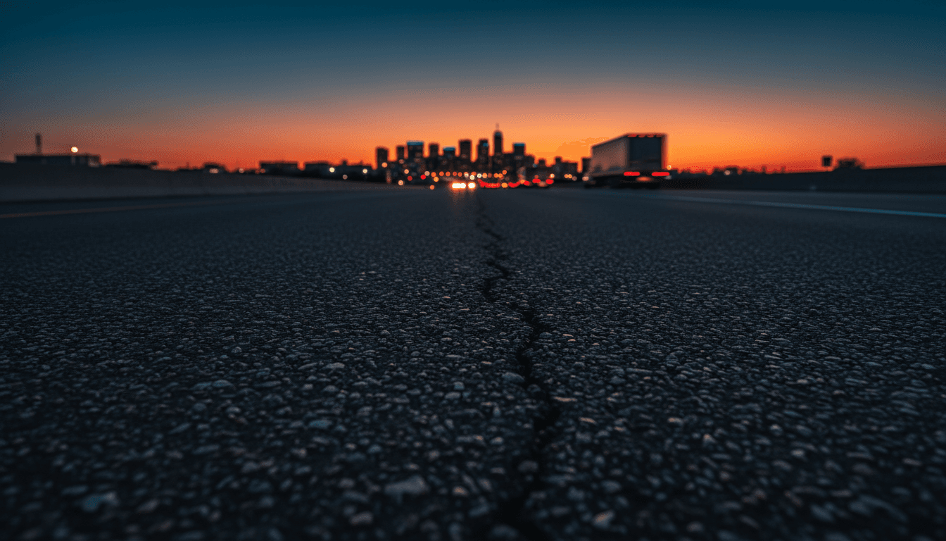 Dark highway at dusk with distant truck lights
