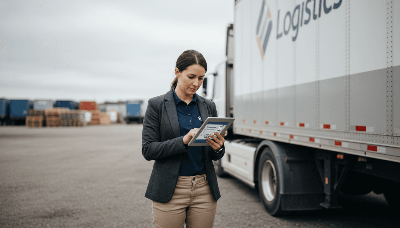 Safety consultant reviewing compliance notes beside a parked commercial truck