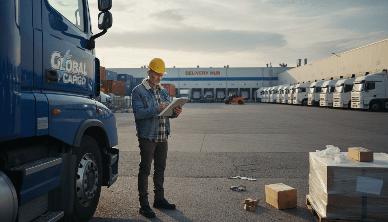Truck driver reviewing clipboard documents beside semi truck at distribution yard