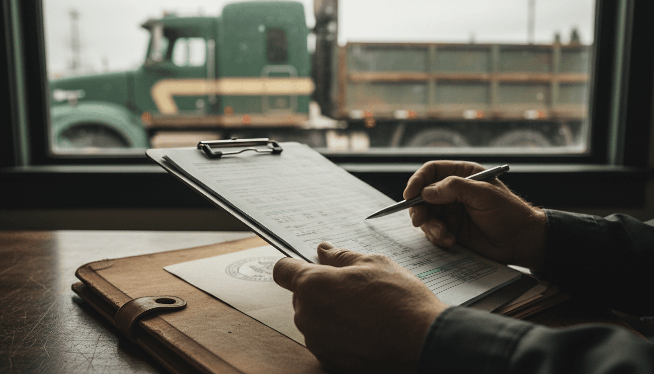 Safety inspector reviewing FMCSA compliance documents in an office with a truck visible outside