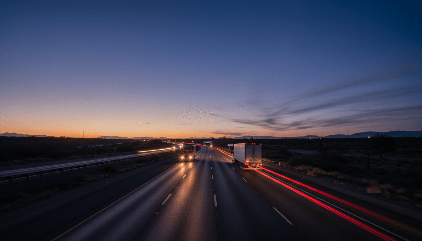 Semi-truck driving on a highway at dusk