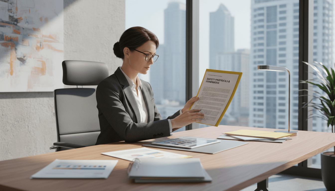 Consultant reviewing safety and compliance documents in a modern office