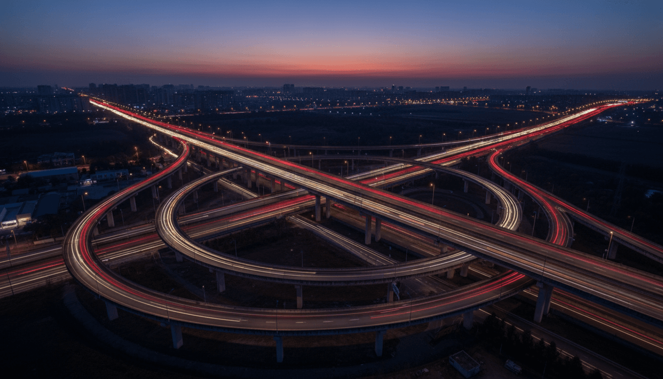 Highway interchange with light trails from moving trucks at dusk