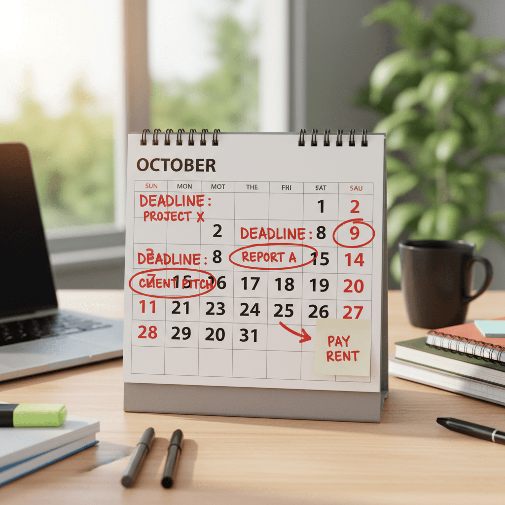 Calendar with deadline reminders on desk