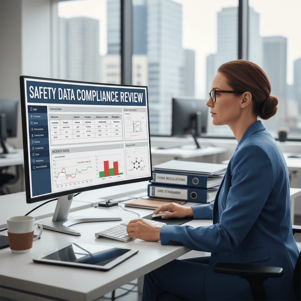 Compliance consultant reviewing safety data on computer screen