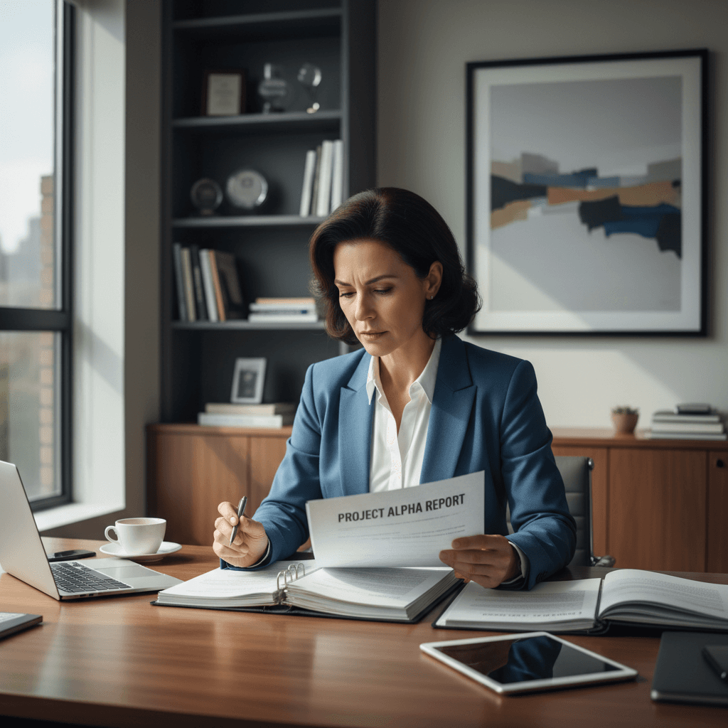 Professional reviewing documents at office desk