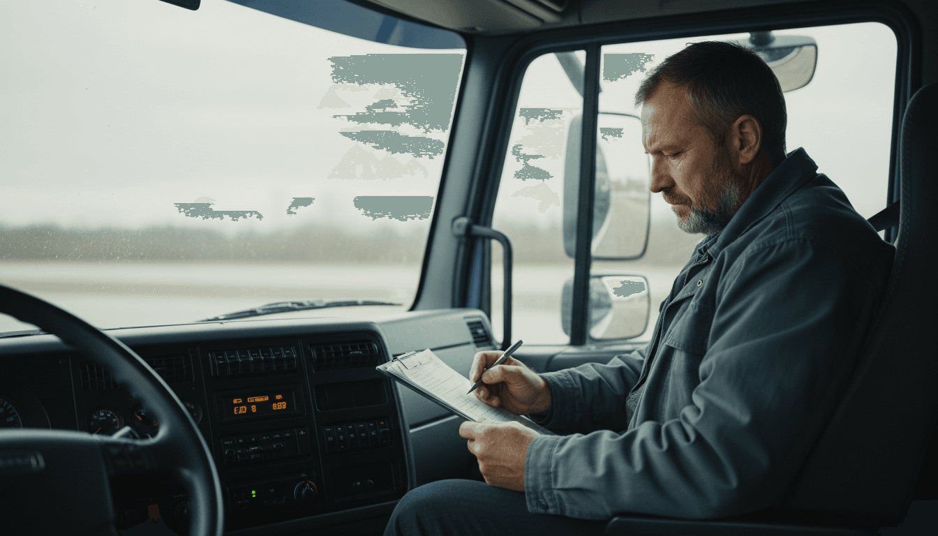Truck driver reviewing paperwork in cab with focused expression