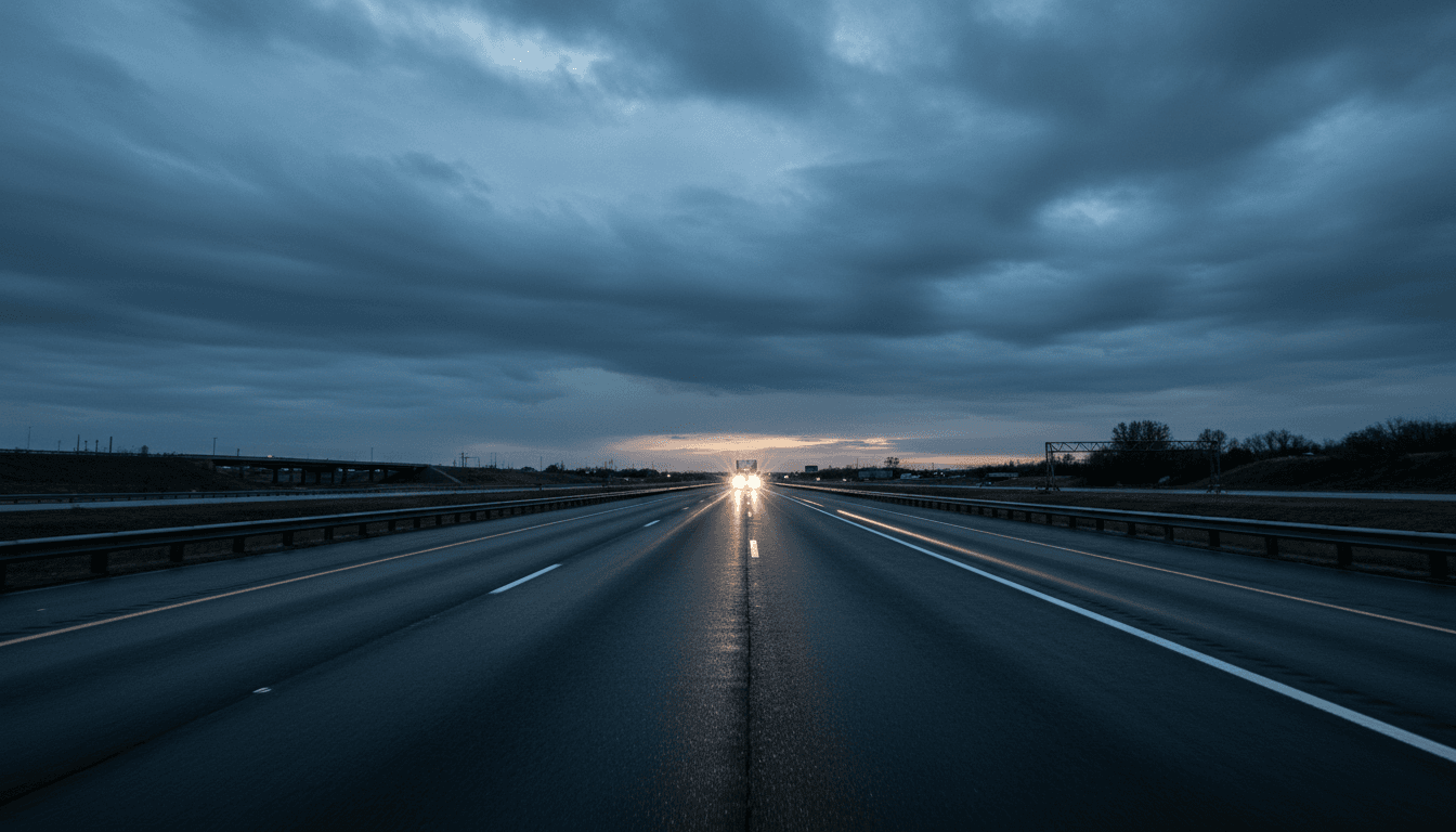 Semi truck driving down an open highway at dusk