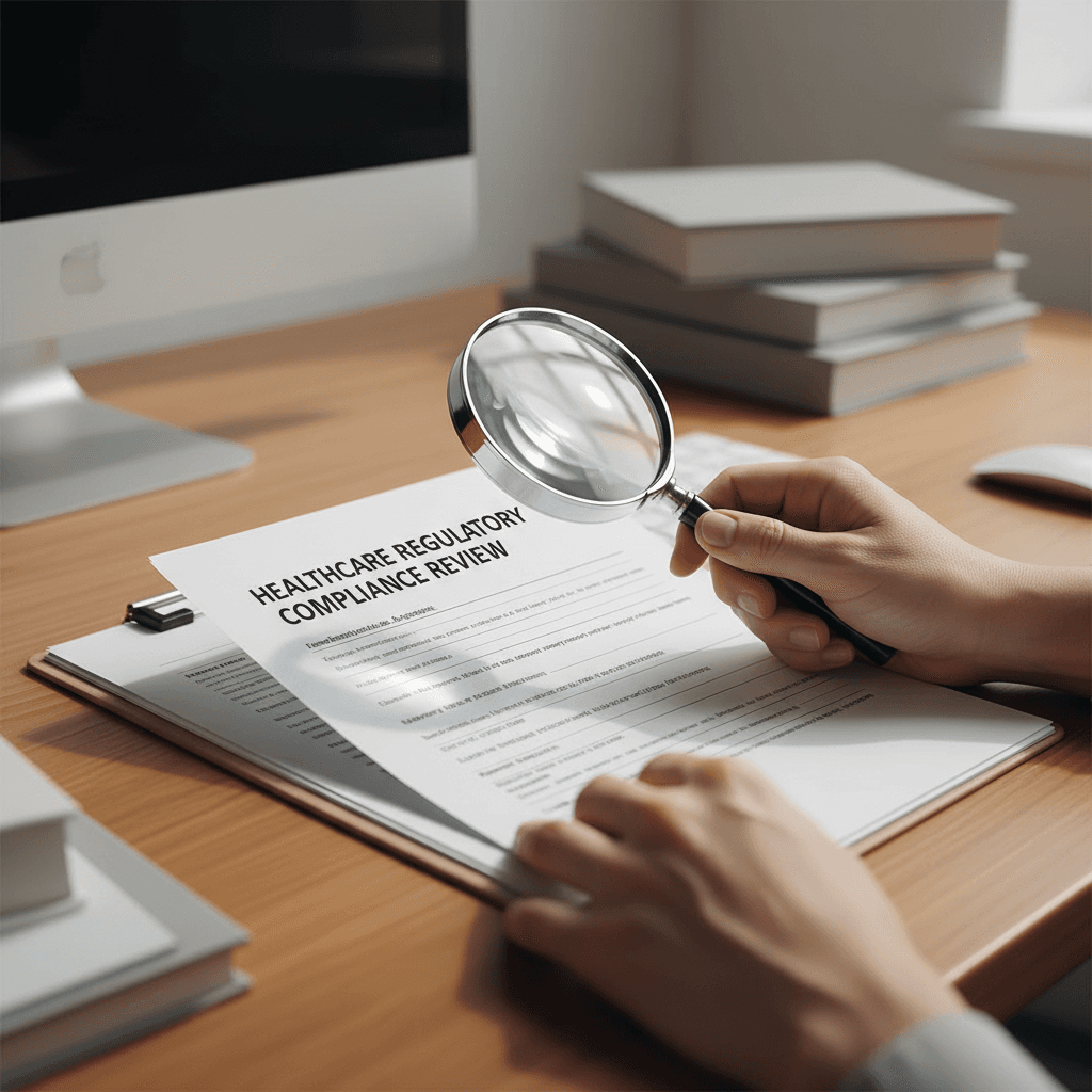 Professional regulatory consultant reviewing compliance documents at desk in modern office
