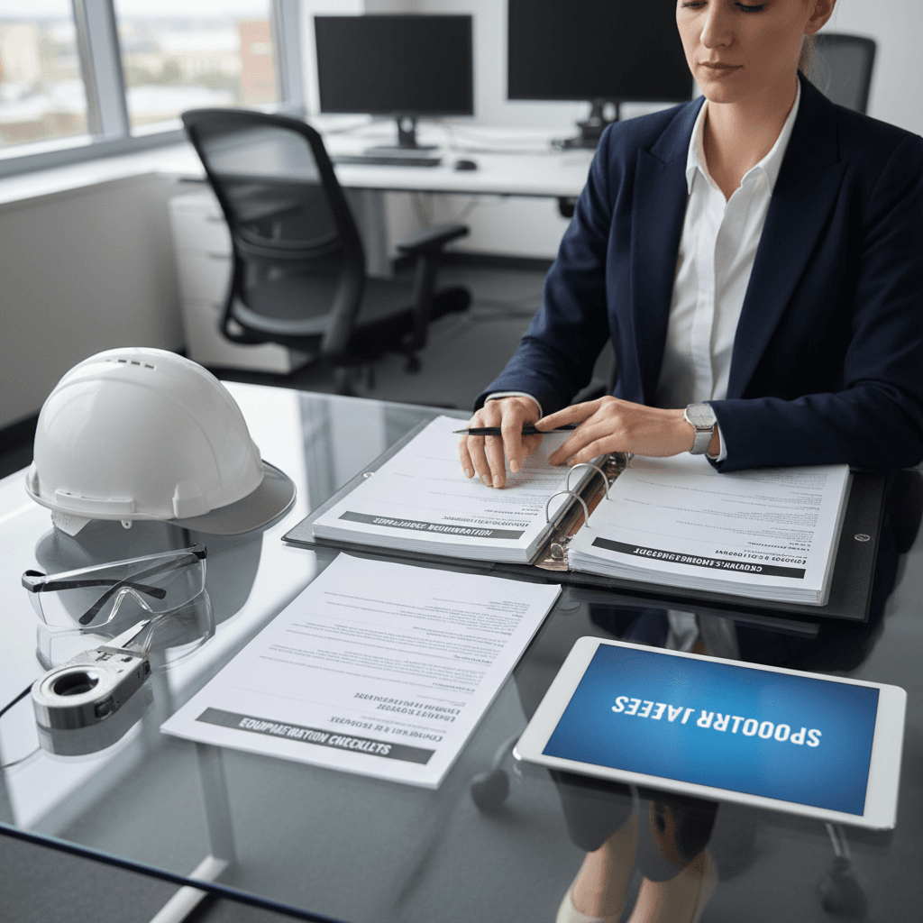 Professional safety consultant reviewing compliance documents at desk in modern office