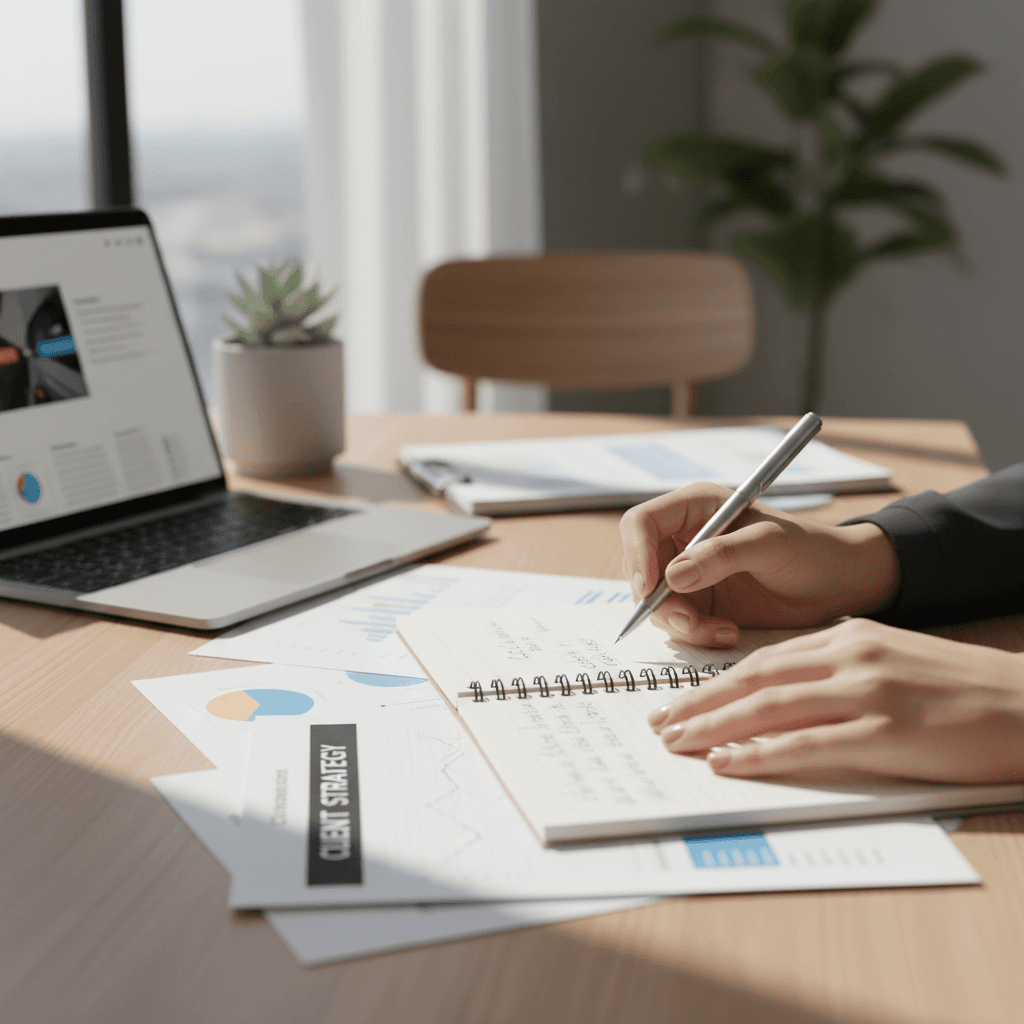Professional consultant reviewing compliance documents at an office desk