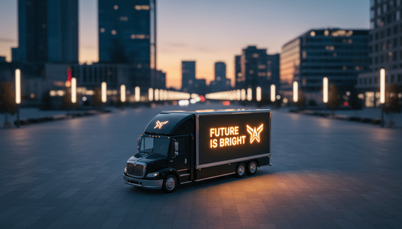 Commercial trucks moving down an open highway at dusk