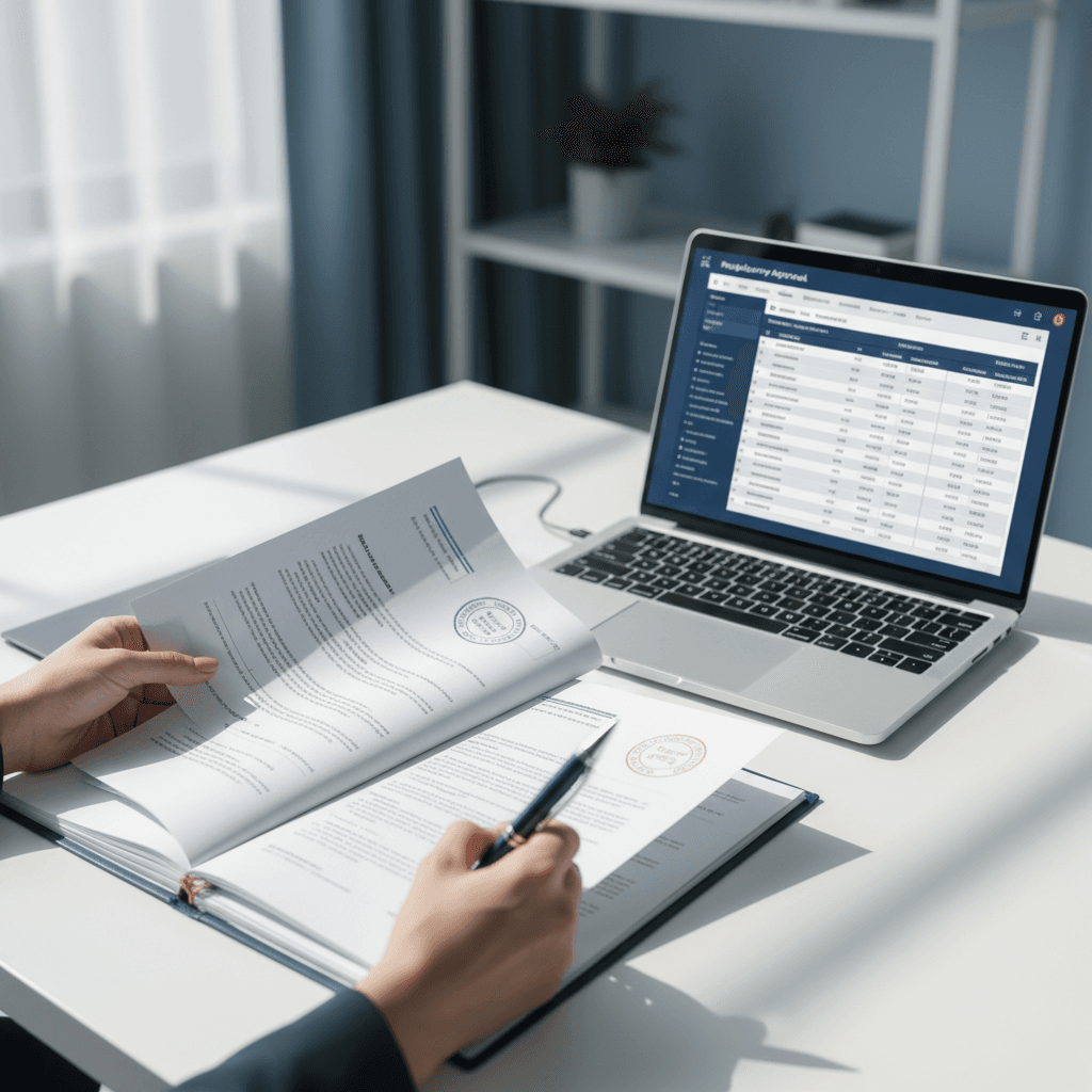 Professional reviewing a stack of compliance documents at a desk