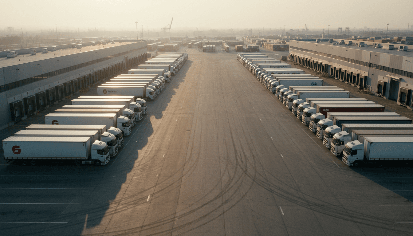 Aerial view of a highway interchange with semi trucks at dusk