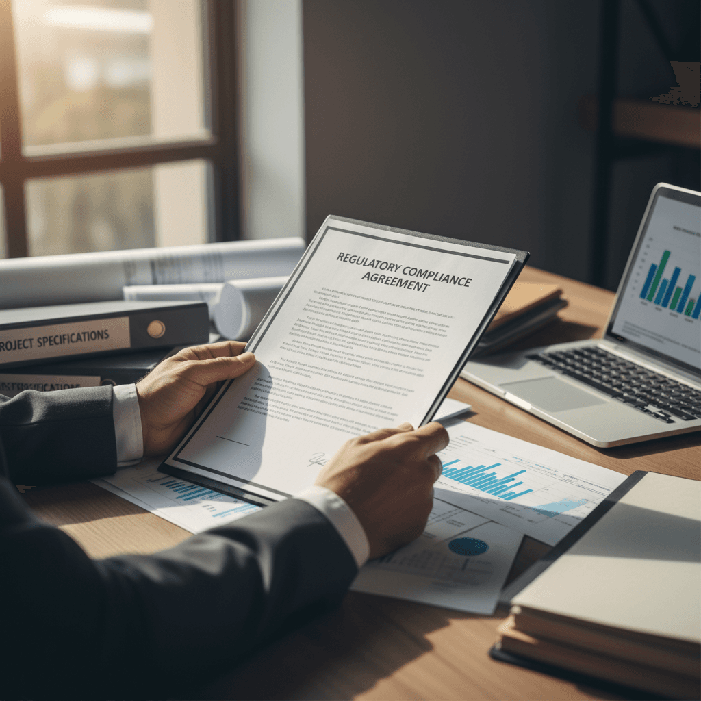 Professional consultant reviewing compliance documents in a bright modern office