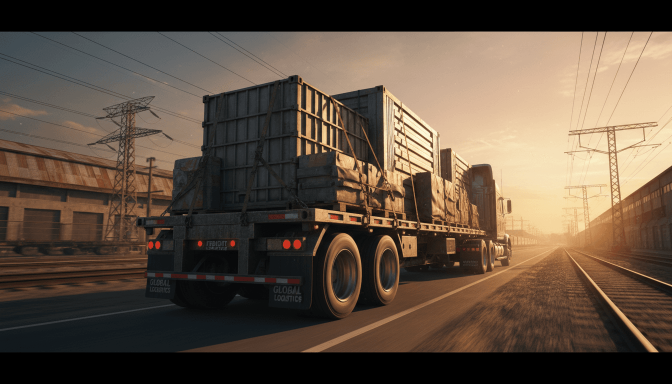 Commercial trucks on a highway at dusk