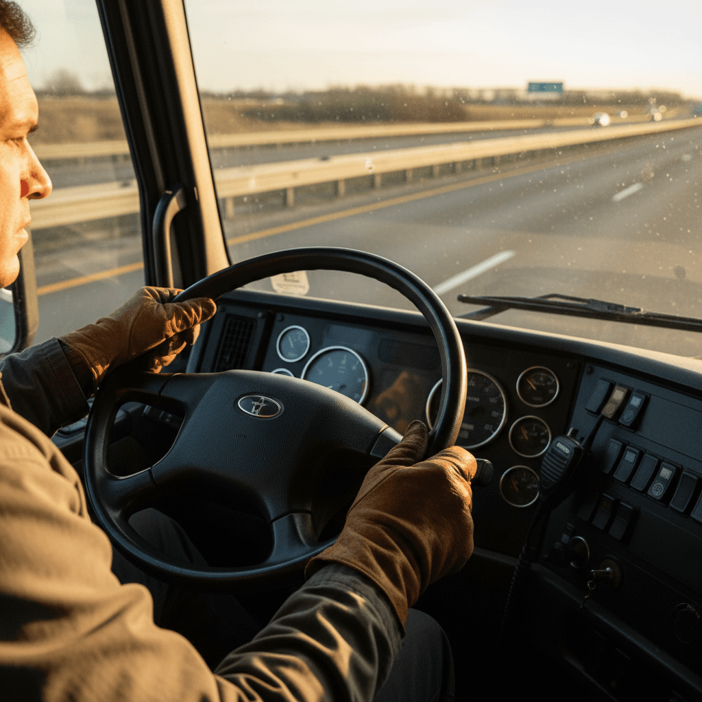 Truck driving on open highway with clear sky