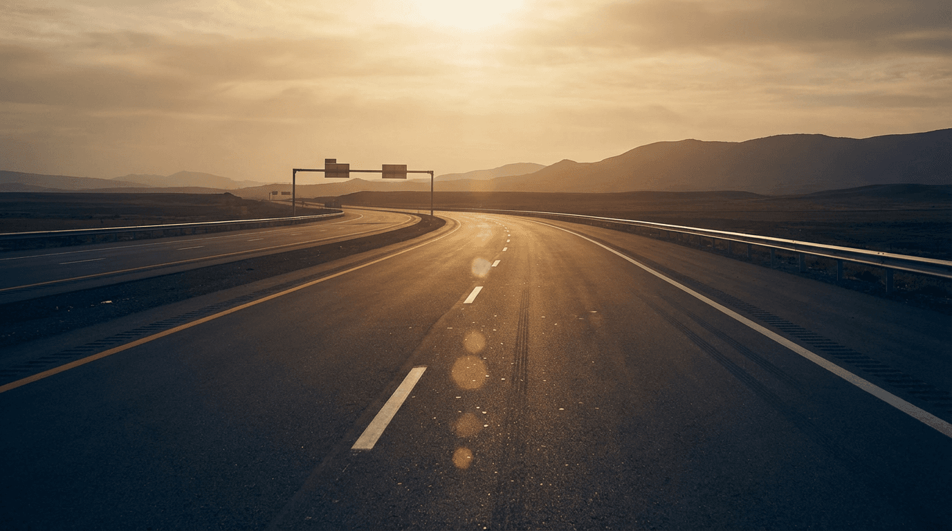 Open highway with commercial trucks in the distance